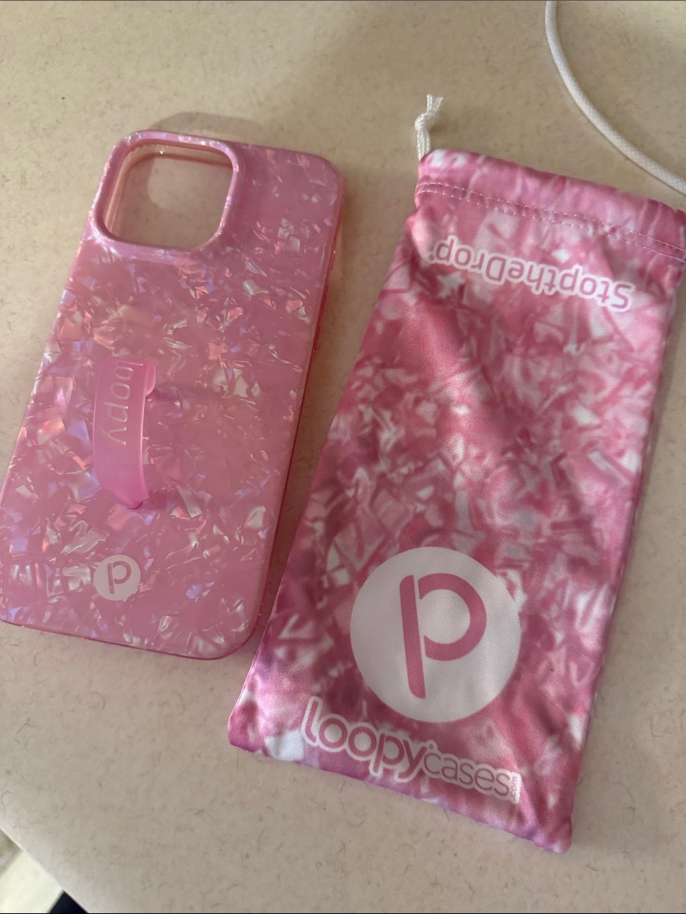Loopy Case Pink Pearl iPhone Case with Matching Pink Pouch 16 pro max